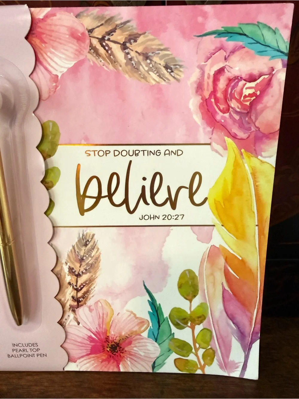 Pink Floral 'Believe' Notebook with Gold Pearl-Top Ballpoint Pen- NWT